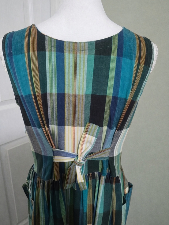 Vintage 90s Erika Plaid Cotton Midi Dress Lagenlook Bubble Hem Pockets Tie Back - Picture 8 of 11